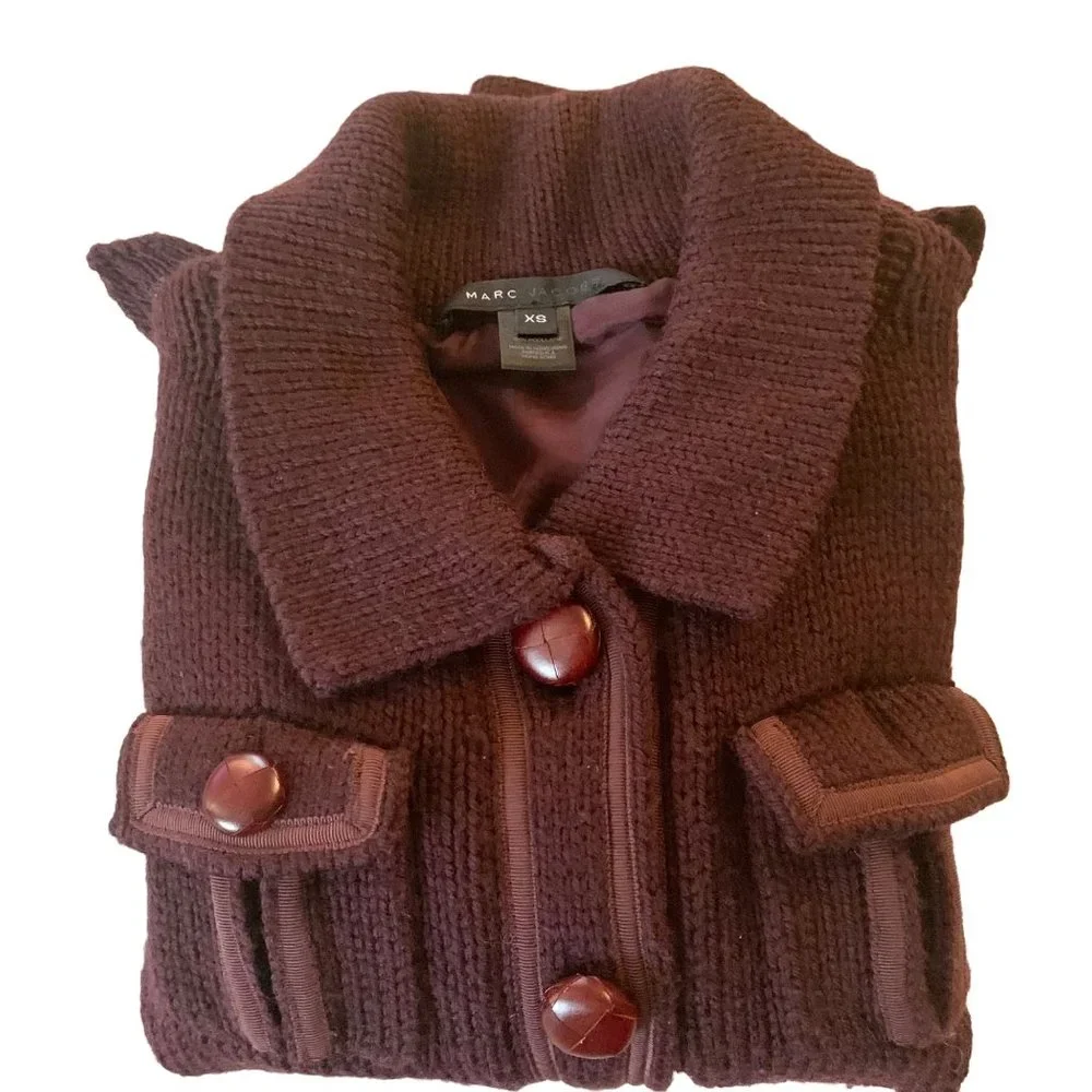 Marc Jacobs Wool Knit Utility Jacket Burgundy Pointed Collar Pockets XS Button U - Picture 7 of 11